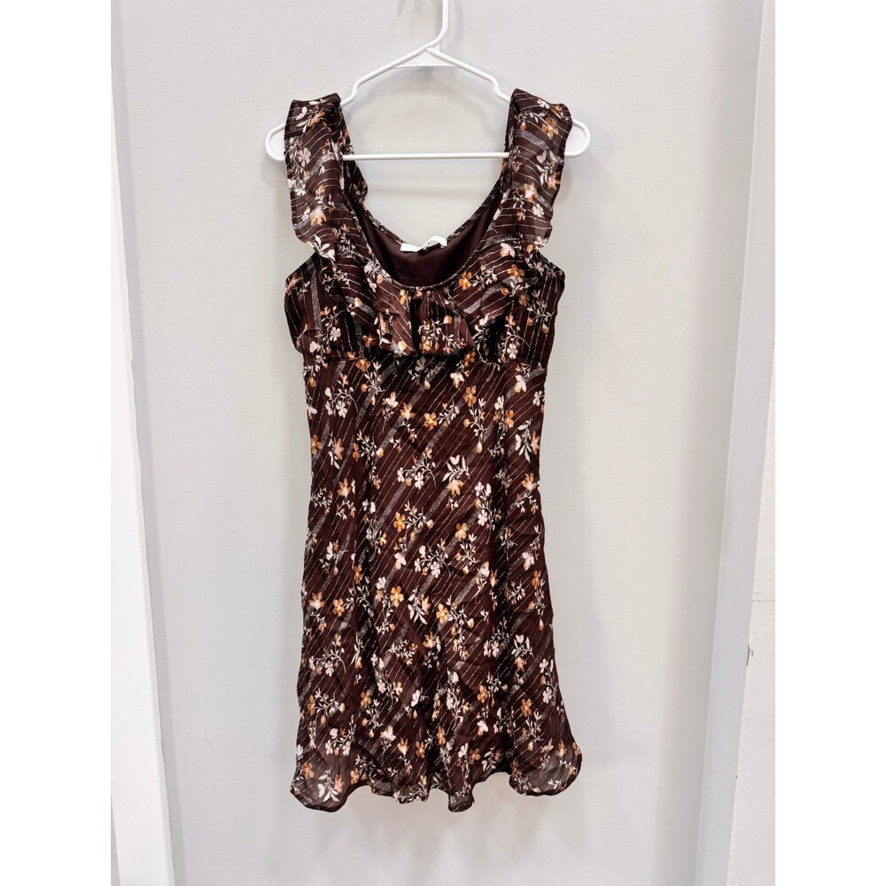 Loft Brown Floral Metallic Ruffle Scoop Neck Dress 4